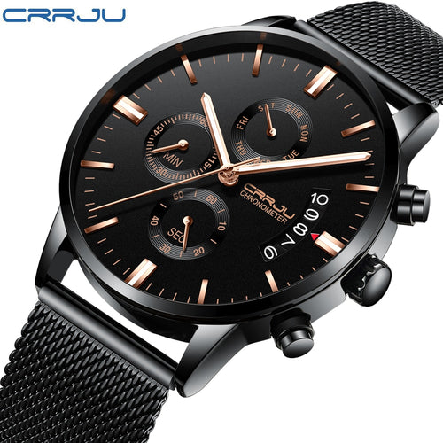 CRRJU New Men's Calander Waterproof Sport WristWatch with Milan strap Army Chronograph Quartz Heavy Watches Fashion male Clock